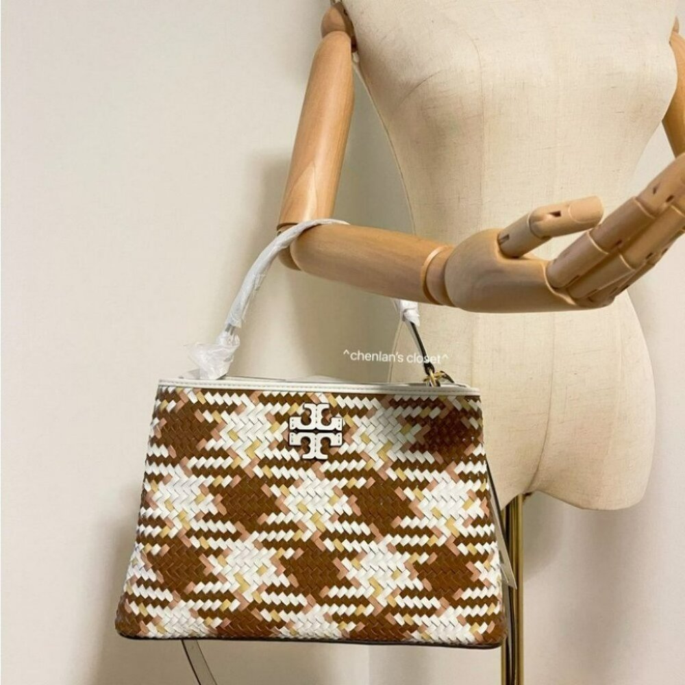 Tory Burch Britten Woven Satchel in Brown and Cream - Picture 3 of 15